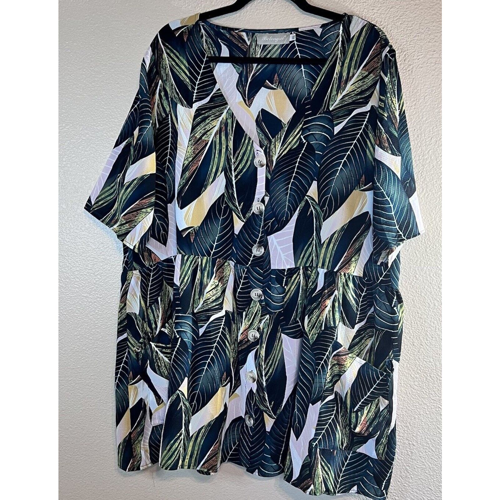 Belongsci Size Xl Botanical Palm Print Tier Short Sleeve Shift Dress